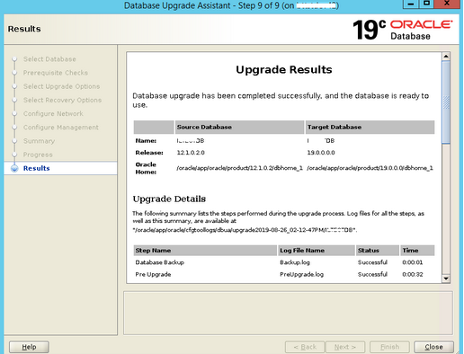 Machine generated
              alternative text:Re suns Database 19C ORACLE Database
              Upgrade Results upgrade has and the database is Upgrade
              Details