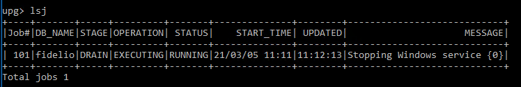 Machine generated alternative text:
                upo Isj I Job*lDB NAME ISTAGEIOPERATIONI STATUSI START
                TIME-I UPDATEDI MESSAGE I | 181 11:11 Windows service
                Total jobs 1 